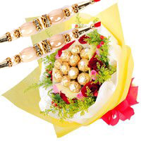 Rakhi and Rakhi Gift Delivery to India. 12 Red Pink Roses 16 Pcs Ferrero Rocher Bouquet
