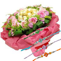 Deliver Online 24 Pink Roses and 24 Pcs Ferrero Rocher Bouquet with Rakhi to India