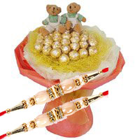 Order for 16 Pcs Ferrero Rocher Chocolate and Rakhi to India with Twin 6 Inch Teddy Bouquet on Rakhi