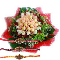 Send 16 Pcs Ferrero Rocher Chocolate with Rakhi to India and 24 Red White Roses Flowers Bouquet to India