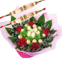 Send Rakhi Gifts to India. Online 10 Pcs Ferrero Rocher with 10 Red White Roses Bouquet to India