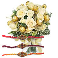 Rakhi Gifts Delivery in India that includes 16 Pcs Ferrero Rocher with 16 White Roses Bouquet