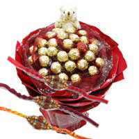 Rakhi Delivery to India with Gifts of 24 Pcs Ferrero Rocher 6 Inch Teddy Bouquet
