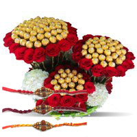 Send Online Rakhi to India including 96 Pcs Ferrero Rocher 200 Red White Roses Bouquet