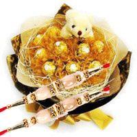 Rakhi Gifts to India of 16 Pcs Ferrero Rocher 6 Inch Teddy Bouquet in India
