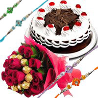 Order Rakhi in India with 16 pcs Ferrero Rocher with 30 Red Roses Bouquet and 1/2 Kg Black Forest Cake in India
