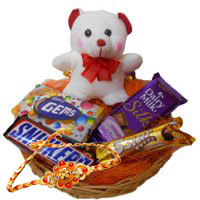 Best Rakhi Gift Delivery in Mumbai. 6 Inches Teddy with Basket of Chocolates
