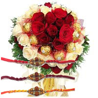 Rakhi Flowers Online India made of 36 Red White Roses 16 Pcs Ferrero Rocher Bouquet